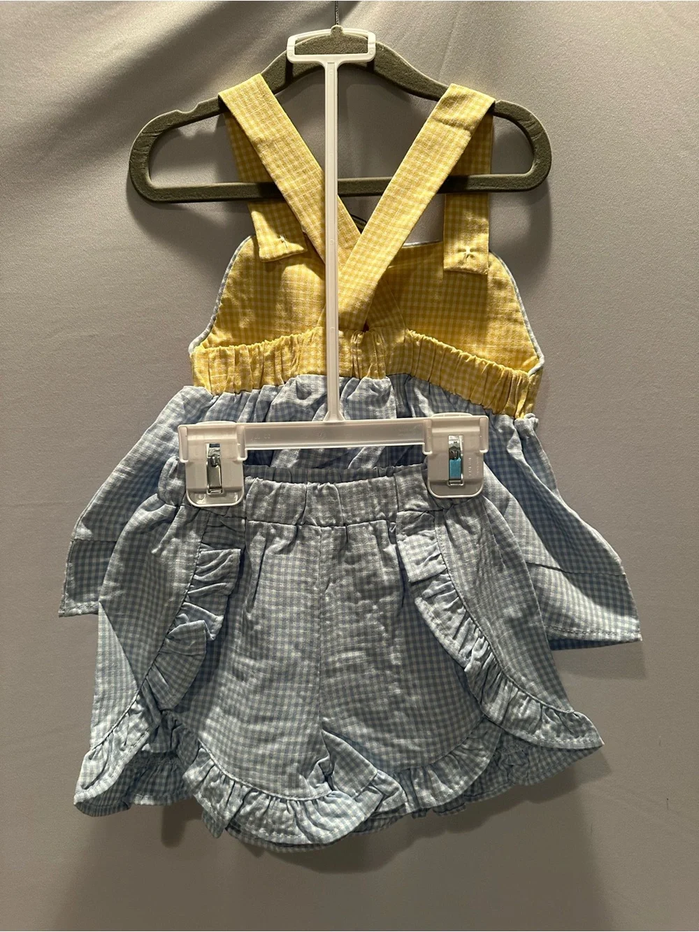 Yellow & Light Blue Gingham Pineapple Pinafore Matching Set with Matching Bow